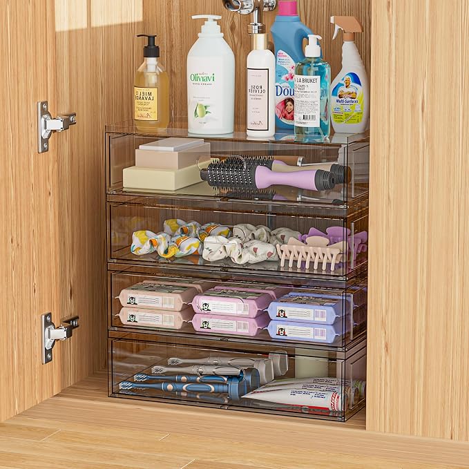 Clear Stackable Makeup Organizer with Drawer, 12''W Acrylic Storage Drawers | Cosmetic Display Case for Vanity Bathroom Countertop Drawers, Beauty Holder for Lipstick Brush Skincare Perfume