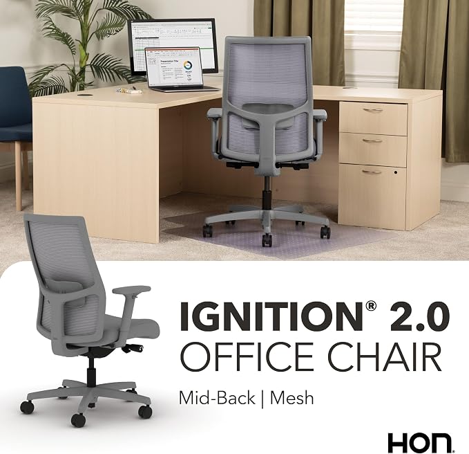 HON Ignition 2.0 Mid‑Back Ergonomic Office Chair, Mesh Task Seating with Lumbar Support, Advanced Synchro‑Tilt, Height and Width Adjustable Arms, Titanium Frame, Frost