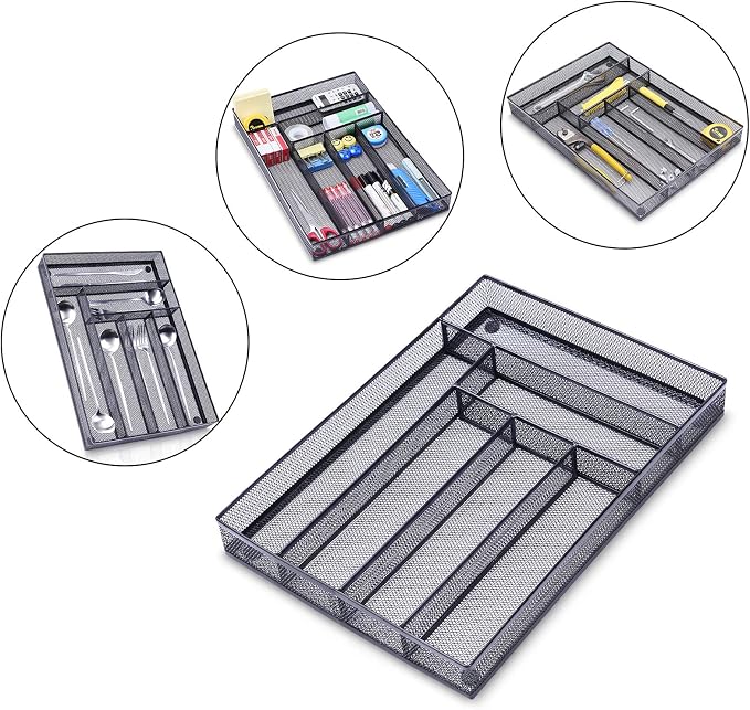 WuGeShop Desk Drawer Organizer with 6 Compartments, Mesh Drawer Organizer Tray for Stationery, Office Supplies Desktop Storage, Black