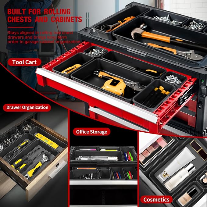【6 PCS Extra-Large】 Tool Box Drawer Organizer Trays with Non-slip Pads, Heavy-Duty Tool Chest Drawer Organizer for Rolling Tool Chest and Garage Drawers, Truck Toolbox organizer and Workbench Storage