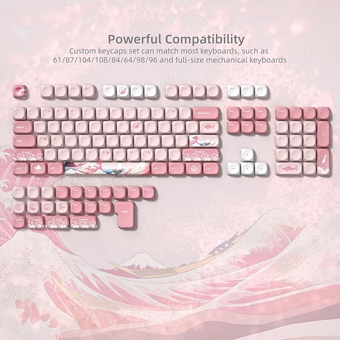 Womier Pink Cute Keycaps Kanagawa, PBT Keycaps for Mechanical Keyboard Dye-Sublimated Sakura Anime Theme, MOA Profile 126-Key Set for 60 65 75 100 Percent Keyboards
