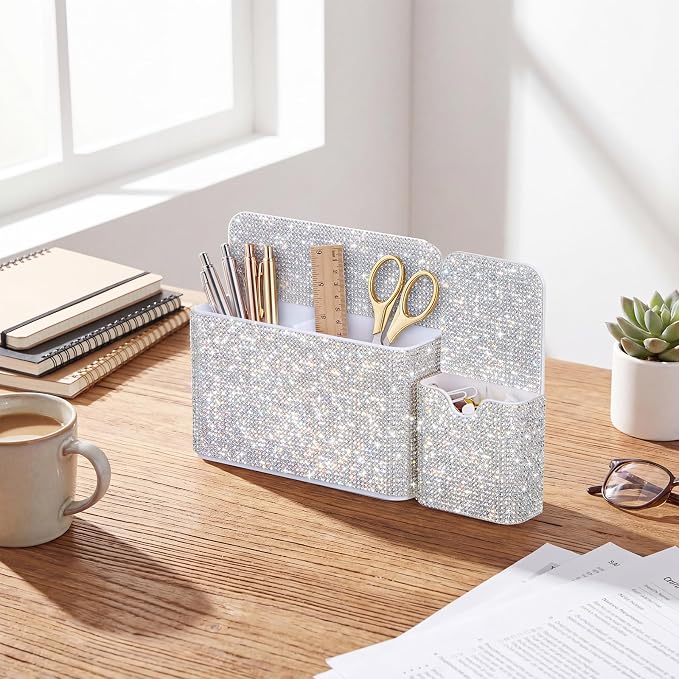 MotiMind 2 Pcs Bling Magnetic Marker Holder Women Girl Locker Accessories Marker Pen Pencil Holder for Refrigerator Whiteboard Sparkly Gift Desk Organizer for School Office(Rhinestone,White)