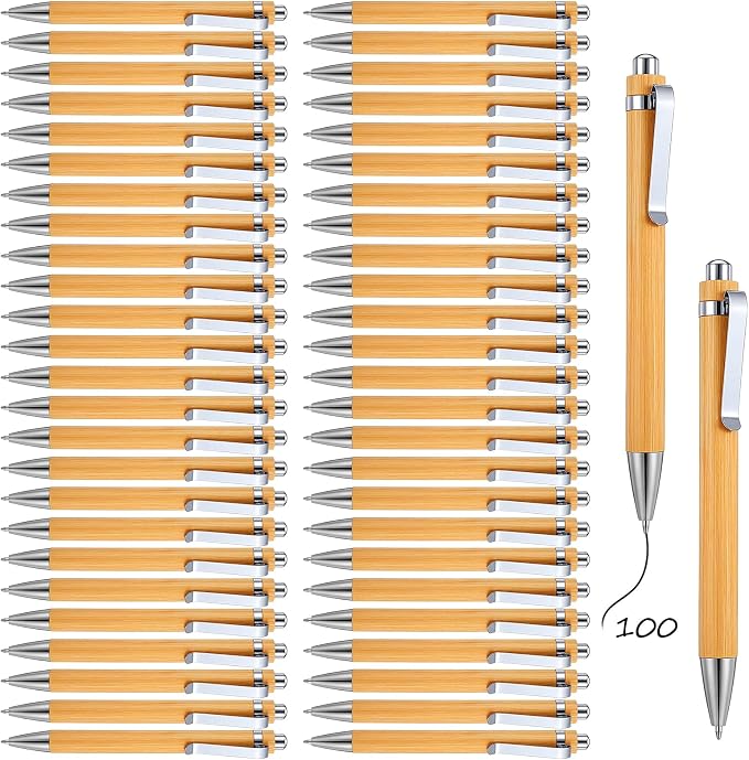 100pcs Wooden Bamboo Pens Bulk Wood Retractable Ballpoint Pen Black Ink 1mm Thank You Wooden Pens Engraving Wood Ballpoint Pen for Office School Teacher Coworker Student Journal Graduation Gifts