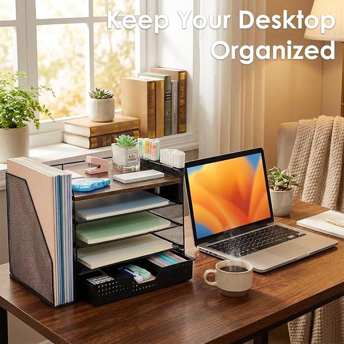 OPNICE Desk Organizer, 5-Tier Paper File Organizer with Drawer & Pen Holder, Office Desk Accessories, Workspace Desktop Organizer for Office Supplies(Brown Wood)