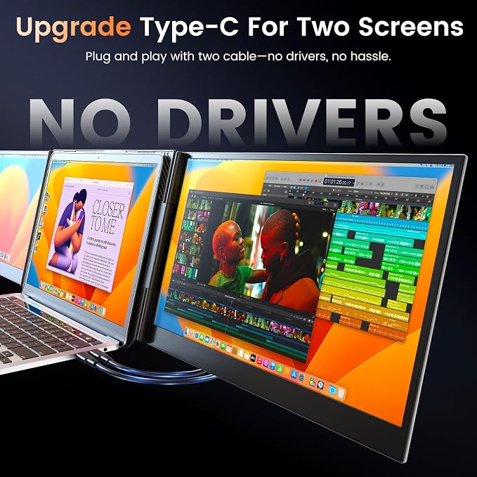 SMISEACOW Triple Laptop Screen Extender 15.6", 1080P FHD IPS 0.18" Ultra-Slim & 3.9 lbs, Plug-Play Portable Triple Monitor for Laptops Fits 13-17.3" Laptops, Compatible with Win/Mac/Android