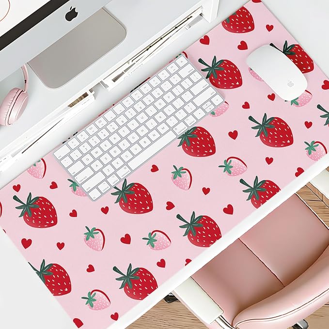 Mouse Pad Leather Desk Mat Large Keyboard Cute Office Desktop Computer Laptop XXL Long Big Aesthetic Modern Design Women Girls Gaming Gamer Oversized Wide Mousepad 31.5"x15.7", Strawberry