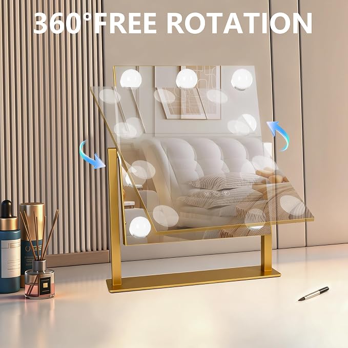 Moonee Vanity Mirror with Lights, Gold Hollywood Lighted Makeup Mirror with 9 Dimmable Bulbs and 10X Magnification 360°Rotation, 3 Colors Modes, Light Up Mirror for Tabletop(12" x 14")