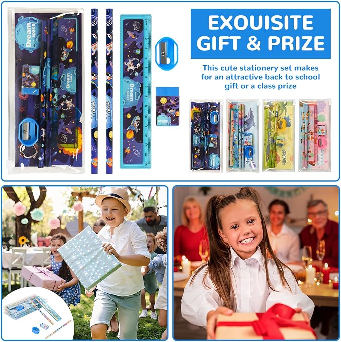 24 Sets Back to School Gifts Cute Stationery Set Back to School Supplies First Day of School Bithday Gifts Including Pencils Eraser Ruler Sharpeners for Classroom Rewards