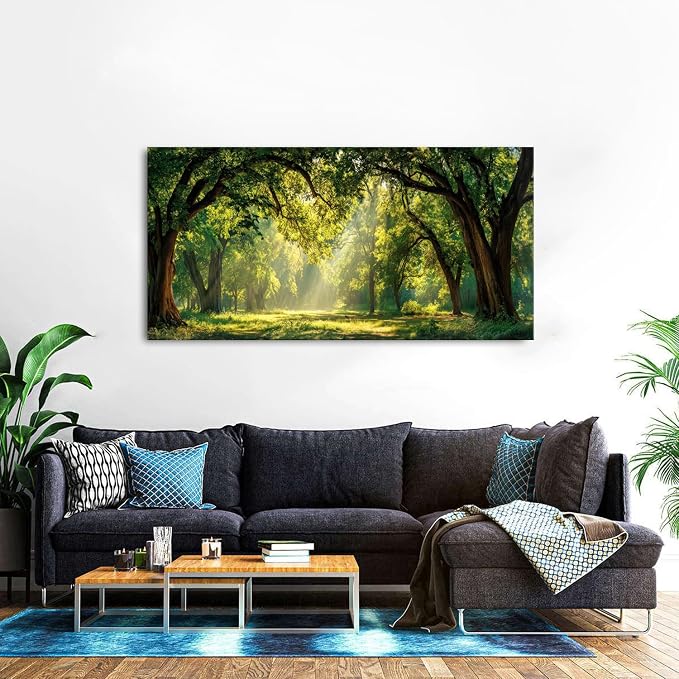 AIYISU Green Forest Wall Art Panoramic Woodland Landscape Canvas Pictures Nature Wall Decor Sunrise Sunlight Trees Scenery Poster Living Room Bedroom Office Hallway Cabin Lodge Home Decoration 30x60