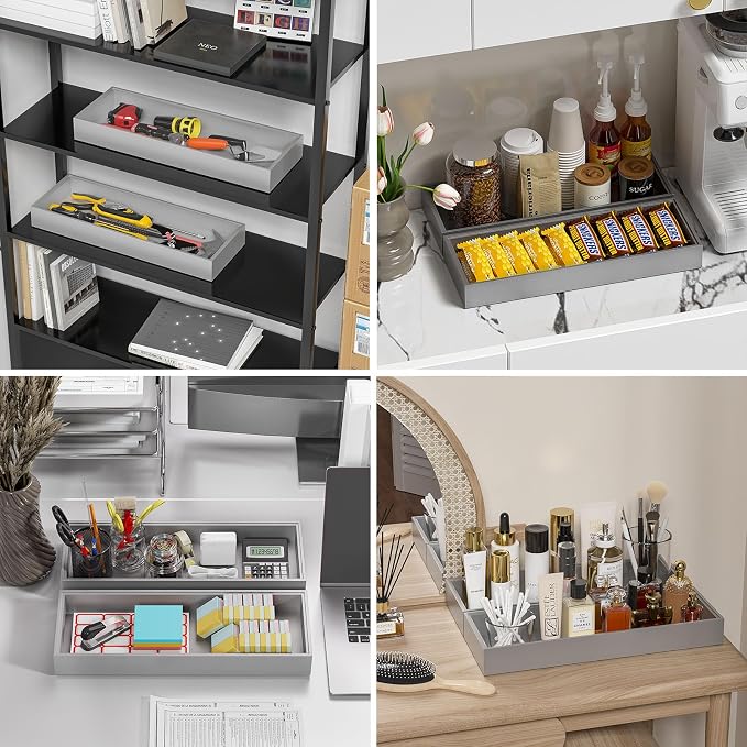 Lixple Bamboo Drawer Organizer, Extra Large Silverware Organizer for Kitchen Drawer, Stackable Utensil Organizer, 2 Pcs Toilet Tank Topper Tray, Wooden Toilet Paper Basket (Silver, 17 X 6 X 2 Inch)