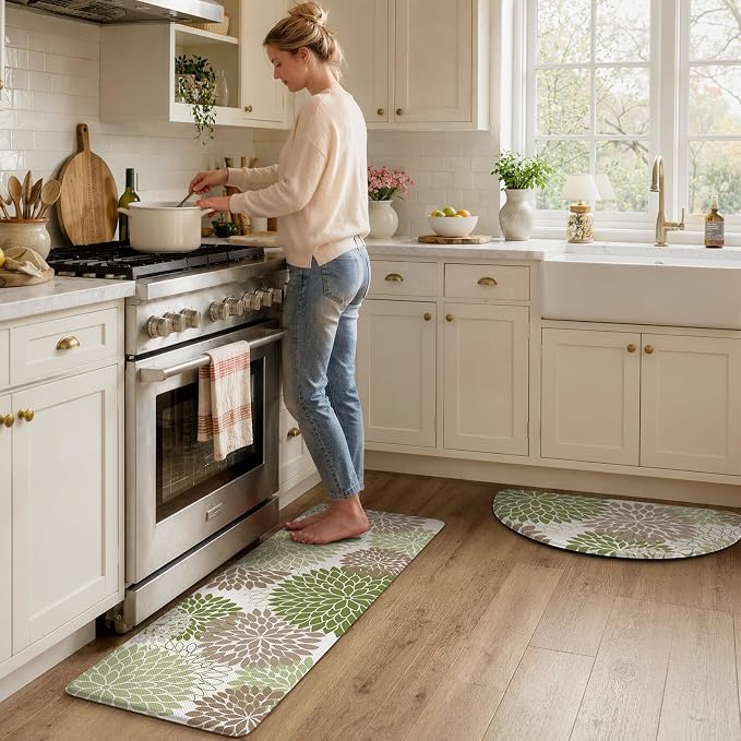 KIMODE Half Circle Anti Fatigue Mats for Kitchen Floor Rug Sets of 2 | 18"x28+18"x47",Sage Green,Dahlia Floral Boho,Kitchen Rug 2pcs,Non Slip,Waterproof,for Sink Office Laundry Bathroom Decor