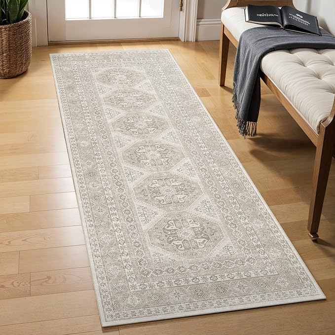 2x6 Runner Rug Kitchen Washable:Oriental Indoor Hallway Runners with Non Slip Backing Floor Mat for Entryway Door Low Pile Thin Carpet for Bedroom Bathroom Living Room Bedside (Beige, 2x6)
