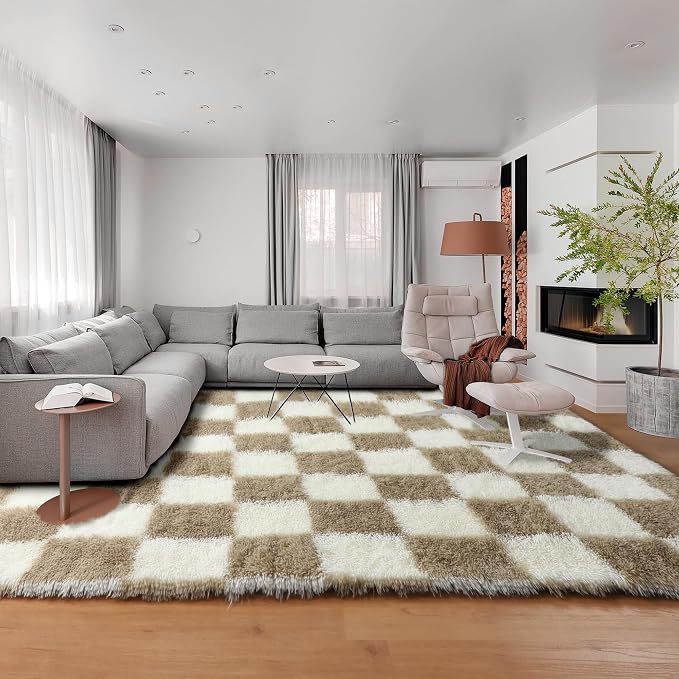 KICMOR Rugs for Living Room 7x10 Area Rug, Beige and Cream White Large Fluffy Shag Shaggy Fuzzy Checkered Bedroom Big Carpet, Soft Plush Rug for Kids Boys Girls Dorm Nursery Home Decor Aesthetic
