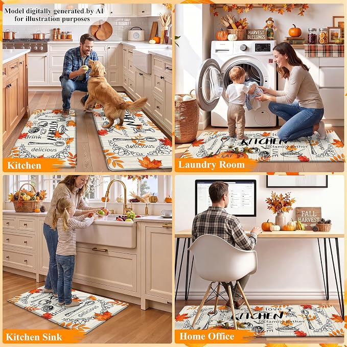 HEBE Fall Kitchen Mat Set of 2, Anti Fatigue Pumpkin Kitchen Mats for Floor | Cushioned Non Slip Autumn Kitchen Rugs and Runner Set, Waterproof Maple Leaf Floor Carpet for Harvest Thanksgiving