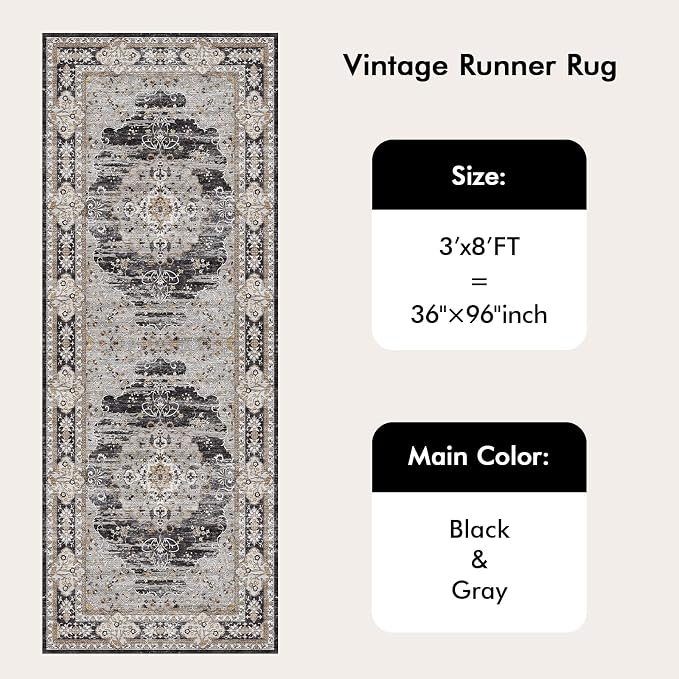 3x8 Runner Rug for Hallway Washable: Non Slip Kitchen Rugs with Rubber Backing Soft Waterproof Mats Stain Resistant Indoor Vintage Carpet Runner for Bedroom Bathroom Laundry Entryway Black/Gray