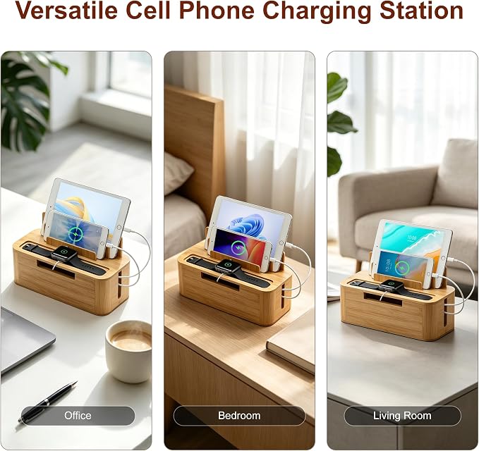 Bamboo Charging Docking Station, Multiple Device Desktop Organizer with Cable Management, Compatible with Phone, Tablet, Watch, Earbuds, Home Office Nightstand