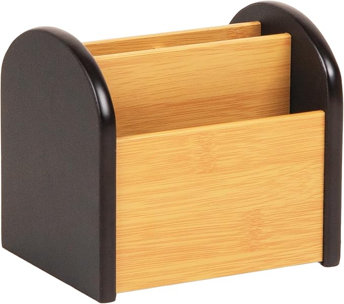 Mind Reader Desktop Organizer with 3 Compartments, Natural Wood and Matte Finish Sides, Compact Desk Storage, Wood, Black