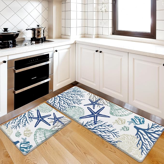 SHACOS Coastal Kitchen Rugs Set of 2, 17x27.5+17x47 inch | Summer Anti-Fatigue Kitchen Mats, White Cushioned Mats with Sea Themed Blue Starfish Shell Coral Tropical Fish