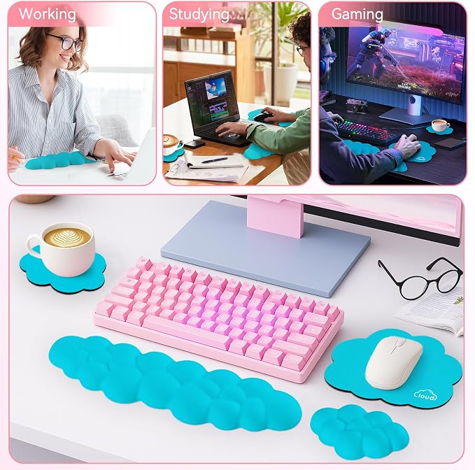 Sushret Cloud Wrist Rest for Computer Keyboard, 4-in-1 Memory Foam Leather Cloud Keyboard Wrist Rest and Mouse Pad Set with Ergonomic Support for Arm and Palm Cushion, Gaming/Work Setup, Scuba Blue