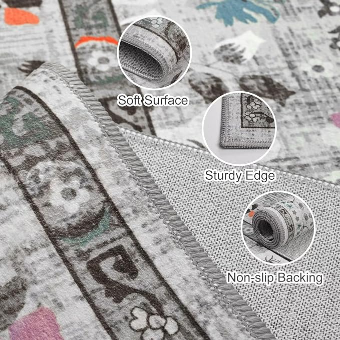 Vasofe 4x6 Area Rug for Bedroom, Washable Rugs for Living Room, Laundry, Kitchen, Vintage Floral Indoor Non Slip Carpet Farmhouse Grey Throw Carpets Soft Low Pile Mat for Dorm Bedside Office