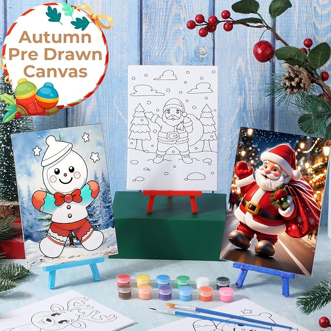 Blosssound 10 Set Pre Printed Canvas Pre Drawn Canvas Painting with Easel Kits 5" x 7" Outline Painting Panels for Beginners, DIY Craft Project, Party Favor, Home Decors(Gingerbread)