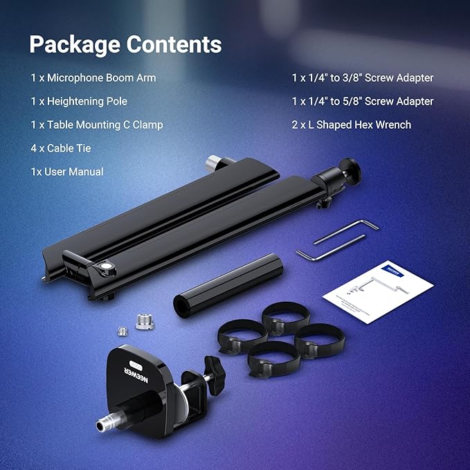 NEEWER Low Profile Mic Boom Arm Desk Mount, Microphone Boom Arm with 360° Ball Head & Cable Management Channels, 1/4" 3/8" 5/8" Threads for Podcast Streaming Gaming Recording, Max Load 3.3 lb, MS007