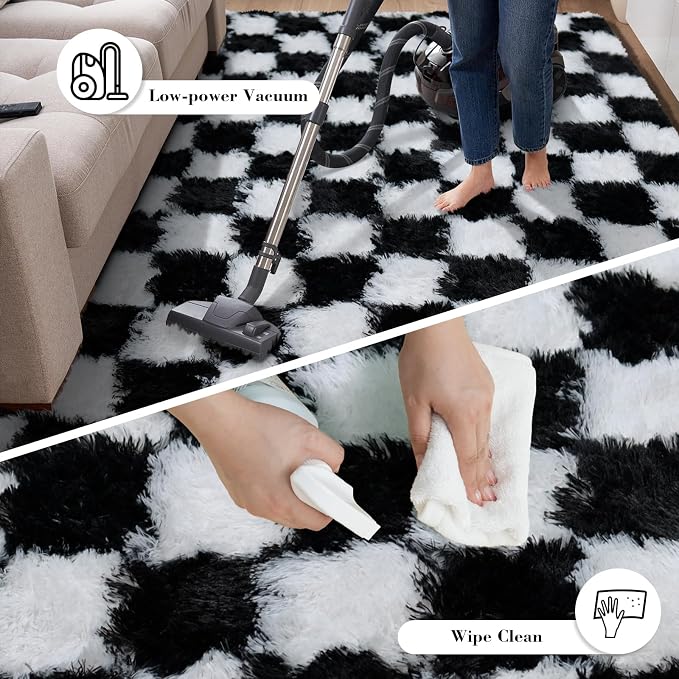 Checkered Rug for Bedroom, 5x8 Black and White Area Rugs, Classic Checkered Carpets Shag Area Rug, Bedside Rugs for Living Room Bedroom Room Home Decor