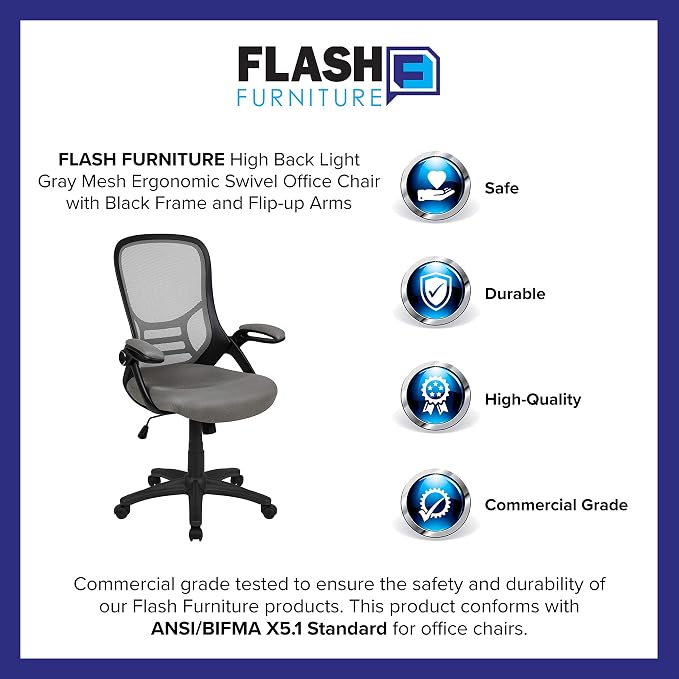 Flash Furniture Porter High-Back Swivel Office Chair with Adjustable Lumbar Support and Seat Height, Ergonomic Mesh Desk Chair with Flip-Up Armrests, Gray/Black