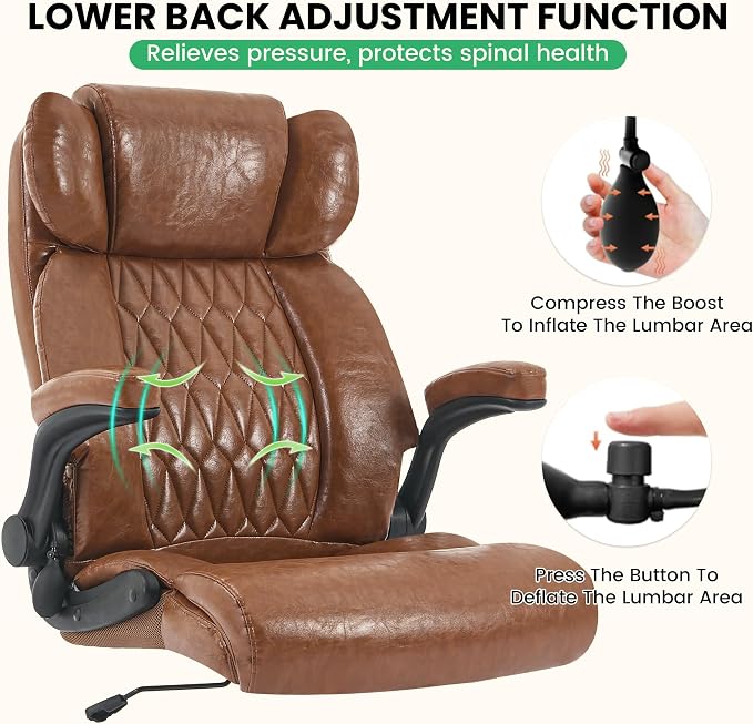500lbs Big and Tall Office Chair Adjustable Lumbar Support for Back Pain, Extra Wide Seat Executive Office Chair Thick Armrest Pad, Heavy Duty Base&Upgraded Wheels, Ergonomic Comfy Computer Desk Chair