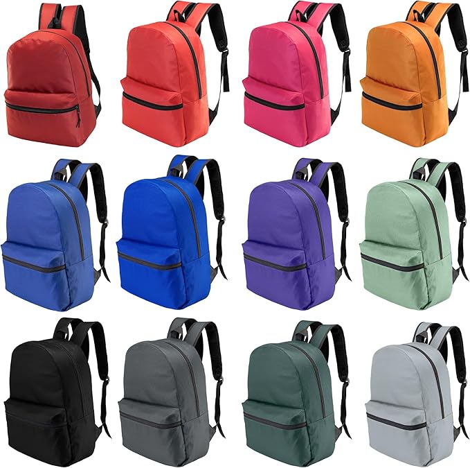 Moda West 17 Inch Bulk Backpacks with 34 Piece School Supplies Kits - Pens, Pencils, Crayons - Case of 12 Wholesale Backpacks in 12 Assorted Colors