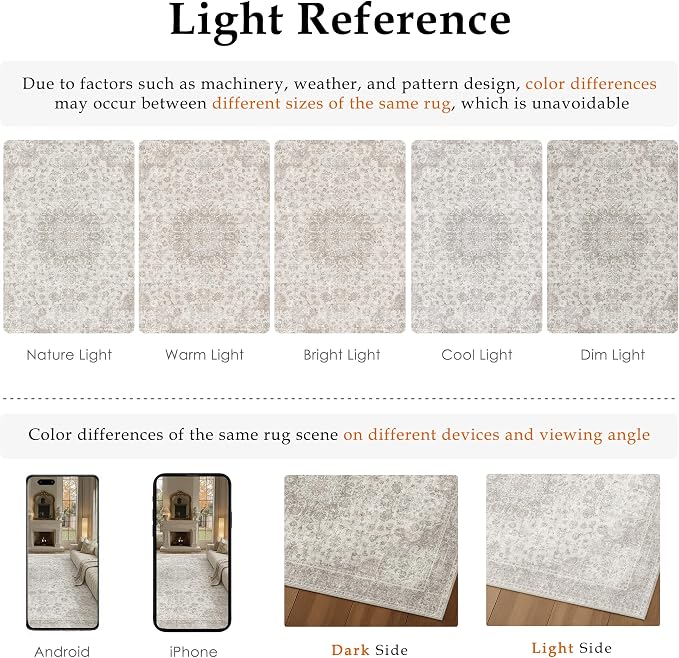 PureCozy 10x14 Area Rug Washable Neutral Beige Vintage Living Room Bedroom Carpet Non Slip Low Pile Soft Floral Indoor Large Throw Rug for Dining Room Office