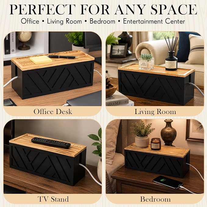 Decorative Cable Management Box, Large Wooden Cord Hider Box for Desk Floor Office, Cord Organizer to Hide Power Strips, Extension Cords, Chargers and Wires, Black