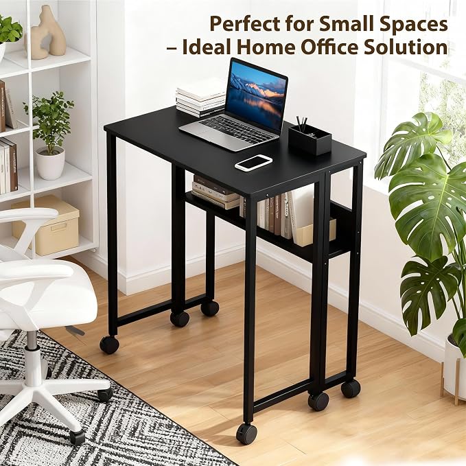 31.5" Folding Desk Rolling Desk with Storage Shelf,Space-Saving Foldable Computer Desk with Wheels,Portable Mobile Couch Sofa Side Table for Small Spaces, Home Office, Study, Easy Assembly,black