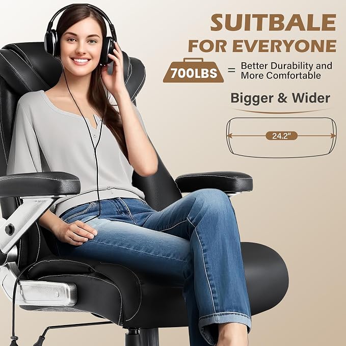 700lbs Big and Tall Office Chair, Ergonomic Heavy Duty Executive Cloth Office Chair with 5D Flip Arms & Adjustable Lumbar Support & Dual Rubber Wheel, Large Thick Padded Extra Wide Seat, Black