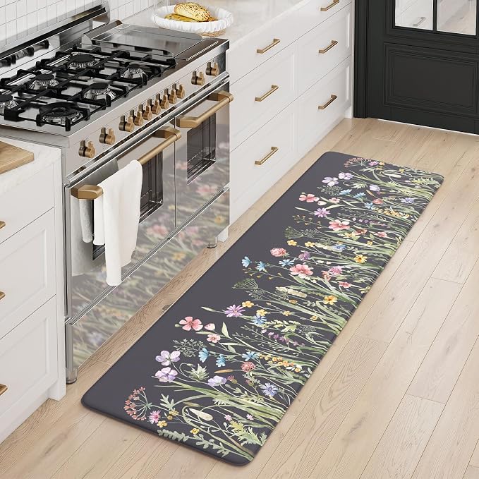 KIMODE Anti Fatigue Kitchen Mat for Floor, Farmhouse Kitchen Runner Rug | Non Slip Cushioned Kitchen Mat for Floor,Memory Foam Kitchen Mat for Laundry,Office,Sink,Dormitory Dark Gray Purple 17.3"x59"