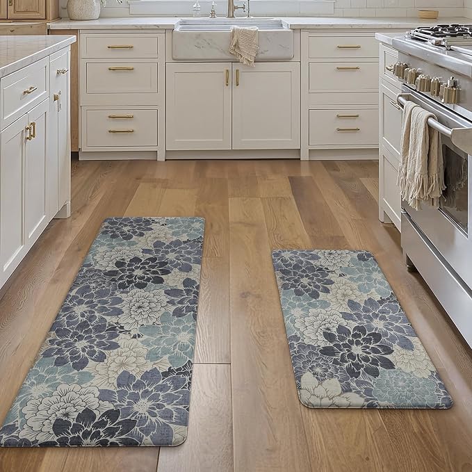 GENIMO Anti Fatigue Kitchen Mats for Floor 2PCS, Cushioned Standing Mats | 17.3"x47"&17.3"x30", Navy Blue vintage floral rug set, waterproof, non slip, easy-clean for farmhouse