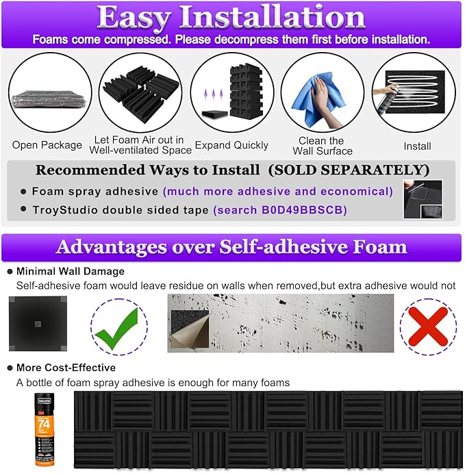 TroyStudio Thick Acoustic Foam Panels, 12 X 12 X 4 Inch 12 Pcs Broadband Sound Absorbing Foam, Dense Soundproof Padding Tile, Recording Studio Foam Absorber, Groove Decorative 3D Wall Ceiling Panel