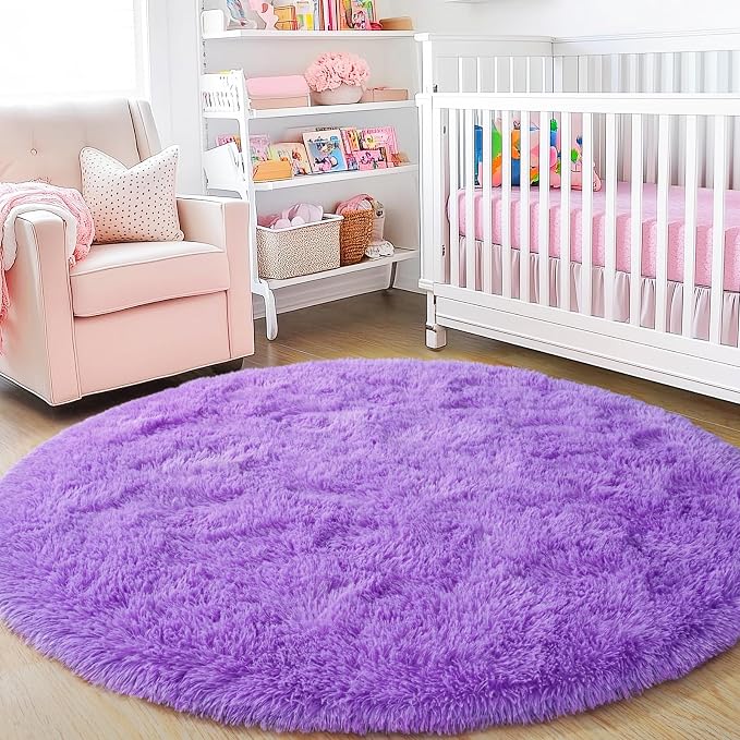 3'x3' Purple Round Rug for Bedroom, Ultra Soft Fluffy Circle Rug for Kids Girls Boys Room, Cute Small Shag Rugs for Living Room Playroom Teen Room Home Decor Rug