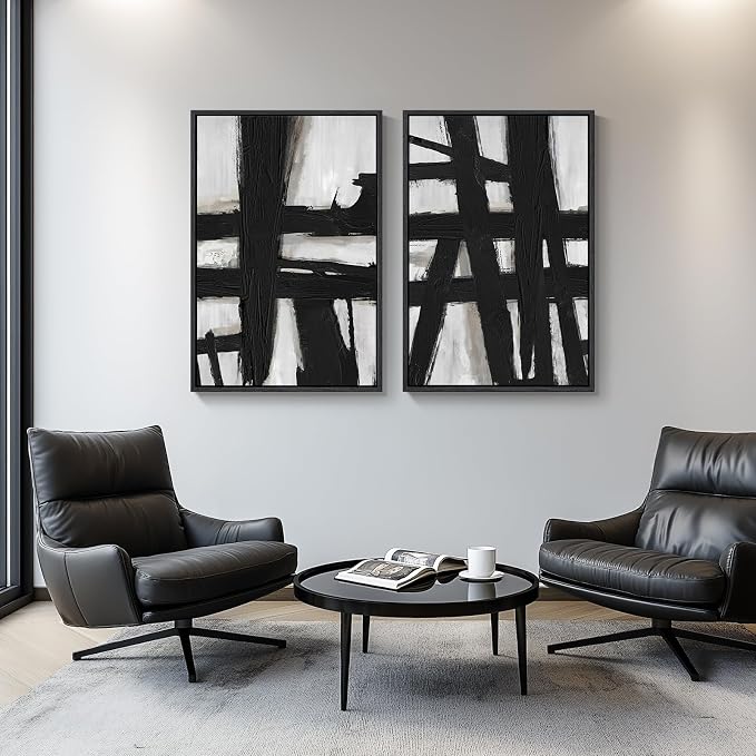 Large Framed Black and White Abstract Wall Art for Living Room, 2 Piece Modern Canvas Prints Wall Paintings Artwork for Walls, Minimalist Black Lines Pictures for Hallway Office Wall Decor 24x36 In