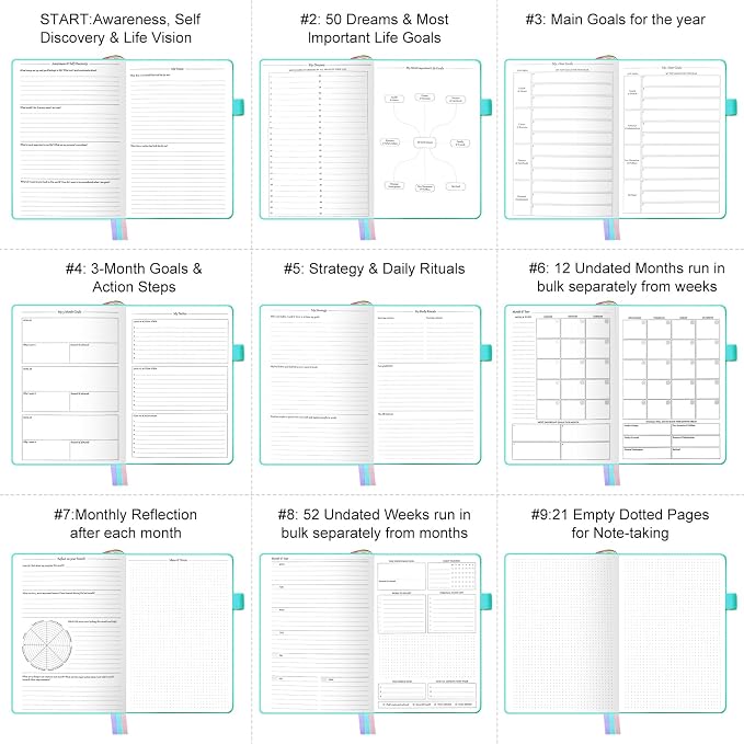 Undated Luxurious Weekly & Monthly Planner to Increase Productivity Hit Your Goals, Organizer Notebook Gratitude Journal Time Management Start Anytime, A5, Lasts 1 Year