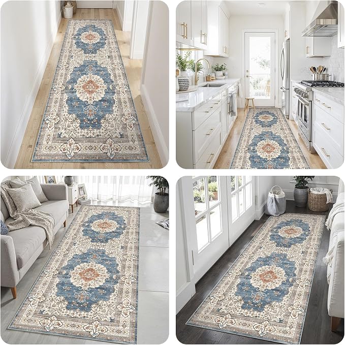 3x10 Washable Hallway Runner Rug:Oriental Indoor Kitchen Rugs Vintage Door Mat Non Slip with Rubber Backing Low Pile Thin Carpet for Bedroom Bathroom Living Room Bedside (3x10 Blue/Beige)