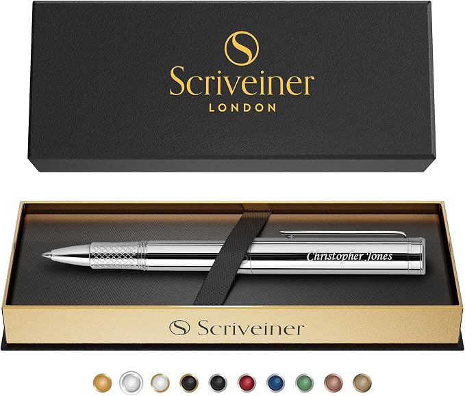 Scriveiner Personalized Silver Chrome Rollerball, Award Winning EDC Pen, Heavy Pocket Pen with Chrome Finish, Best Engraved Roller Ball Gift Set for Men & Women, Custom Name Engraving