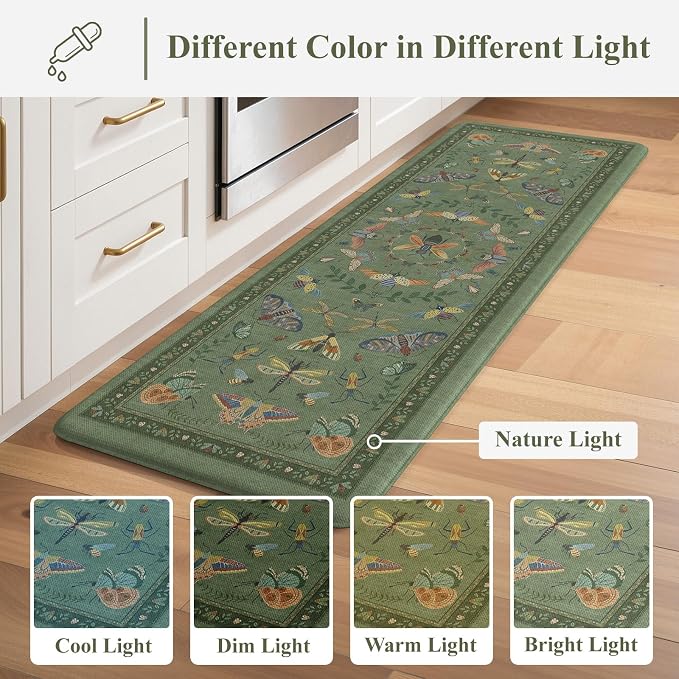 KIMODE Kitchen Mats for Floor Cushioned Anti Fatigue Kitchen Rugs Sets of 2 | 17 x29+17"x47", Sage Green,Vintage Butterfly,Non Slip Waterproof,Memory Foam,Standing Mats,for Laundry Sink Office Home Decor