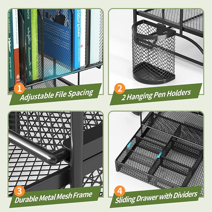 FANXIYQ Metal Desk Organizer with Sliding Drawer, 7-Section File Organizer for Desk, Desktop File Folder & Paper Organizer with 2 Hanging Pen Holders, Office Supplies Organizer, Black