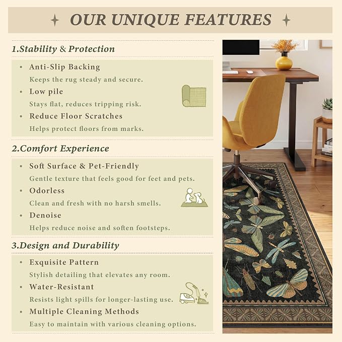 4'x5' Dark Green Office Chair Mat for Hardwood Floors, Insect Boho Design,Non-Slip Low Pile Desk Rug, 48"x60" Small Area Rug for Computer Desk Home Office, Machine Washable WFH Essential for Dorm Room