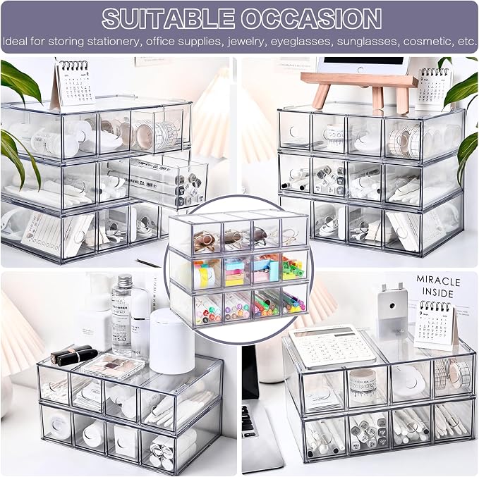 12-Drawer Desk Organizer, 3-Pack Stackable Desktop Storage Box | Clear Sunglasses Organizer, Display Case, Removable Drawers, For Stationery, Markers, Pens, Eyeglasses, Office Supply
