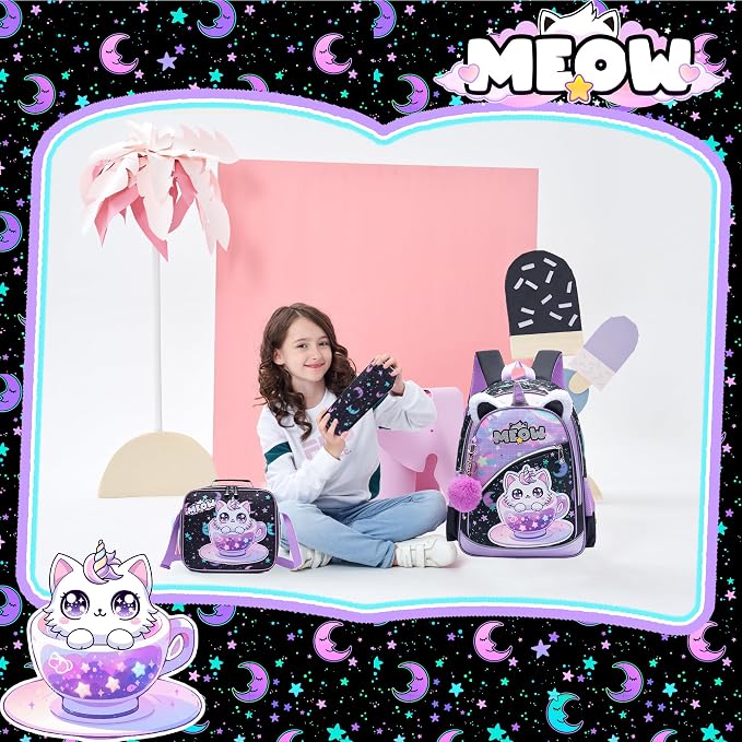 Meetbelify Backpack for Girls School Backpack with Lunch Box for Elementary Student Teen Girls Cute Cat School Bag Kids Bookbag for Girls 8-10 Purple
