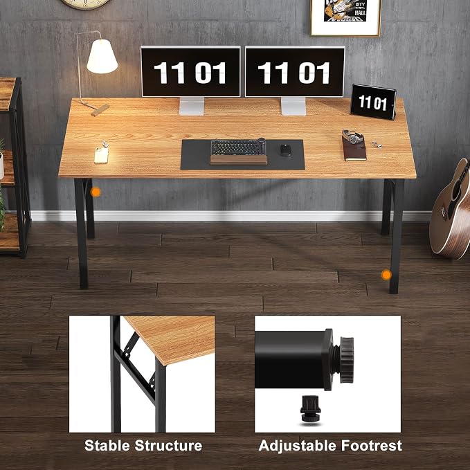 Need Folding Computer Desk, Large 62 inches Folding Table for Home Office, No Install Needed Foldable Writing Table Long Desk, Space-Saving, Teak and Black