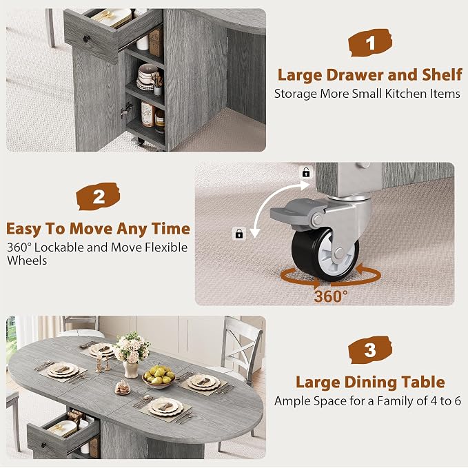 Jocoevol Round Folding Dining Table for 4, Space Saving Drop Leaf Kitchen Table with Storage Drawer, 6 Wheels Oval Gateleg Foldable Dining Table for Small Spaces(Grey 47 * 23.6 * 30)