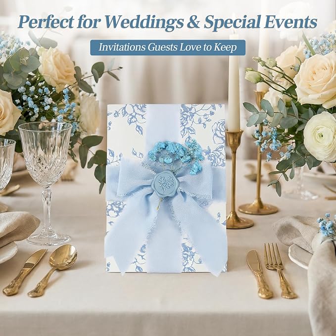 Wedding Invitation Accessories Kit, Pre-Folded Vellum Jackets for 5×7 Invitations with Wax Seal Stickers, Ribbon & Dried Flowers, Elegant Wedding Invitation Accessories for DIY Bridal Invites (Blue-Rose, 50)